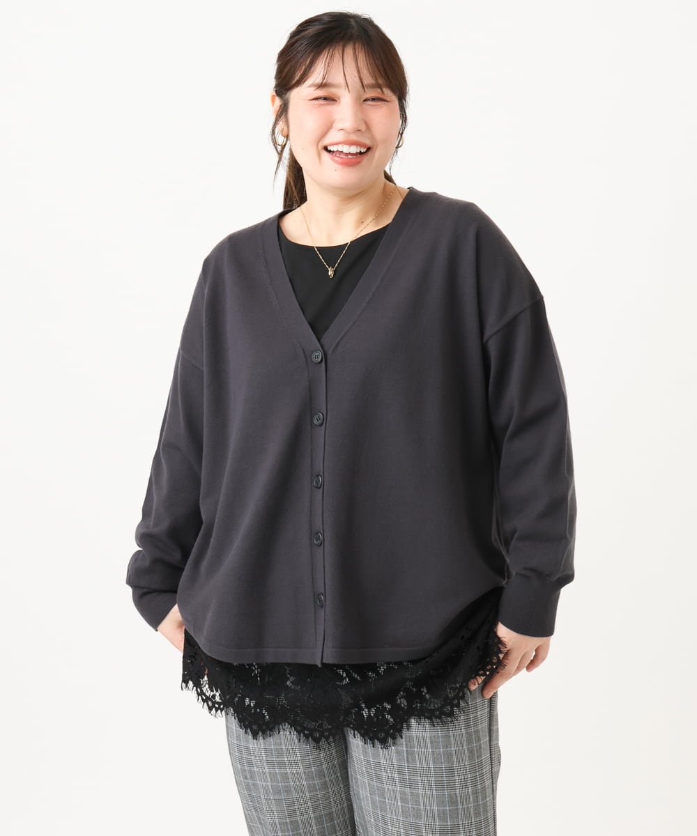 OLCLD06099 eur3(エウルキューブ) 【大きいサイズ】ラウンドヘムVネックカーディガン ダークグレー