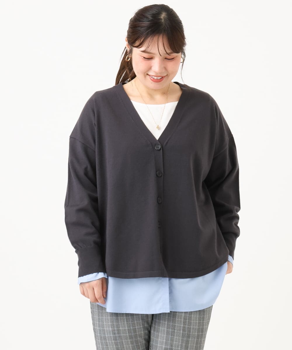 OLCLD06099 eur3(エウルキューブ) 【大きいサイズ】ラウンドヘムVネックカーディガン ダークグレー