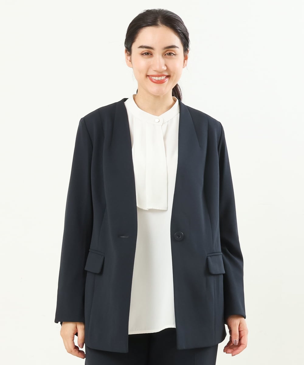 ZARA ノーカラー スーツ セットアップ ネイビー チェック EUR36 S