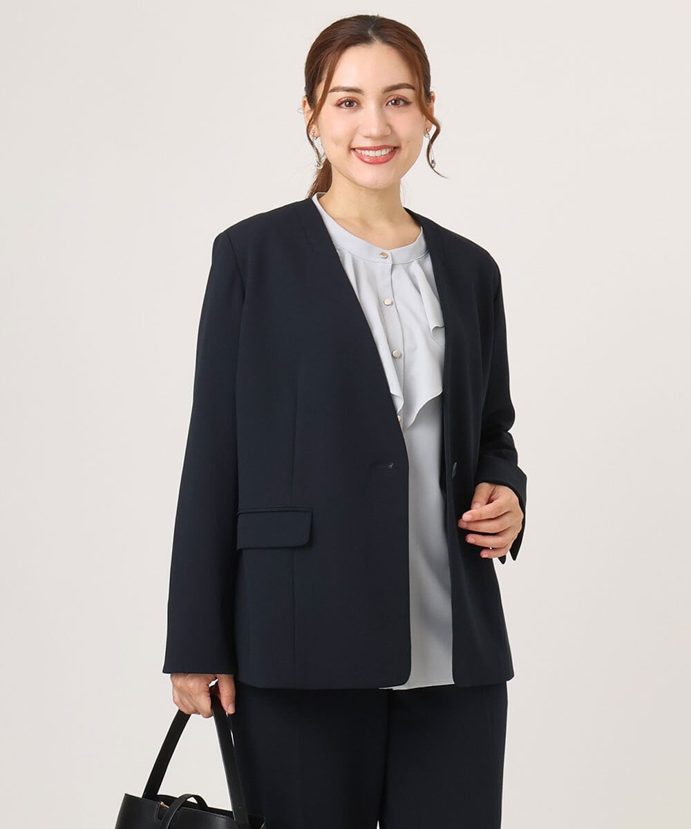 OLDLA02179 eur3(エウルキューブ) 【WEB先行販売】【大きいサイズ/11号サイズあり】カットジョーゼットノーカラージャケット ネイビー(57)