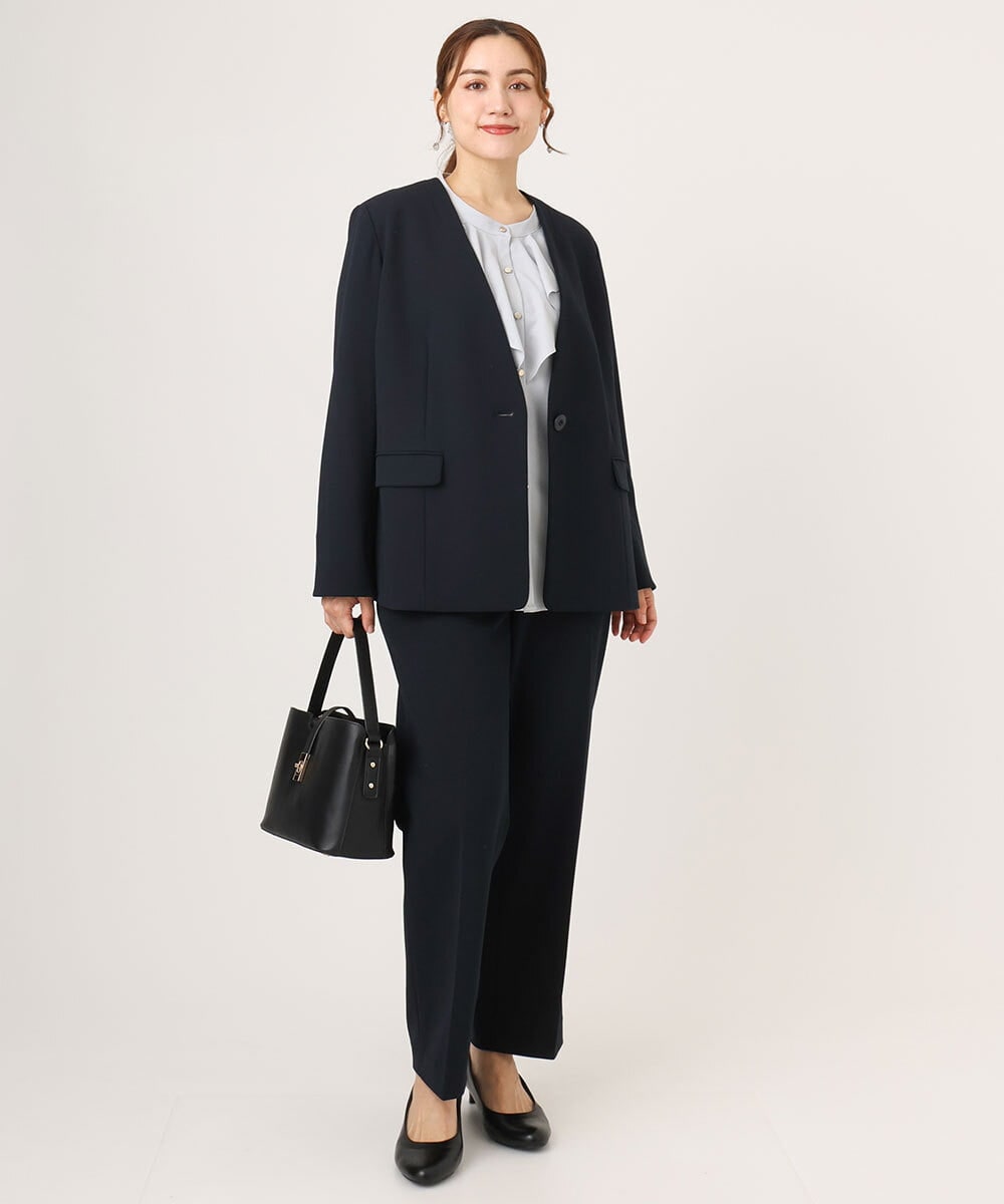 OLDLA02179 eur3(エウルキューブ) 【WEB先行販売】【大きいサイズ/11号サイズあり】カットジョーゼットノーカラージャケット ネイビー(57)