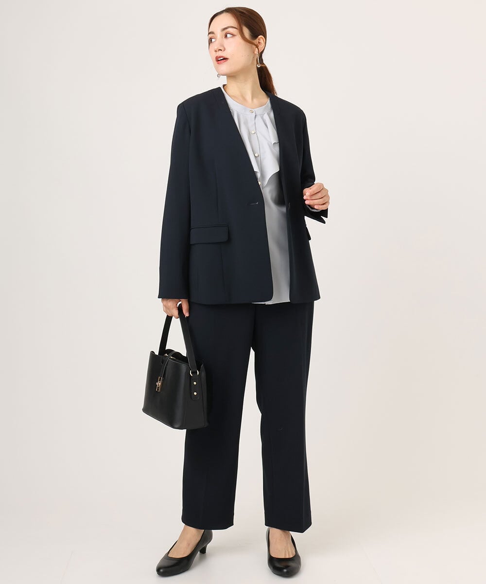 OLDLA02179 eur3(エウルキューブ) 【WEB先行販売】【大きいサイズ/11号サイズあり】カットジョーゼットノーカラージャケット ネイビー(57)