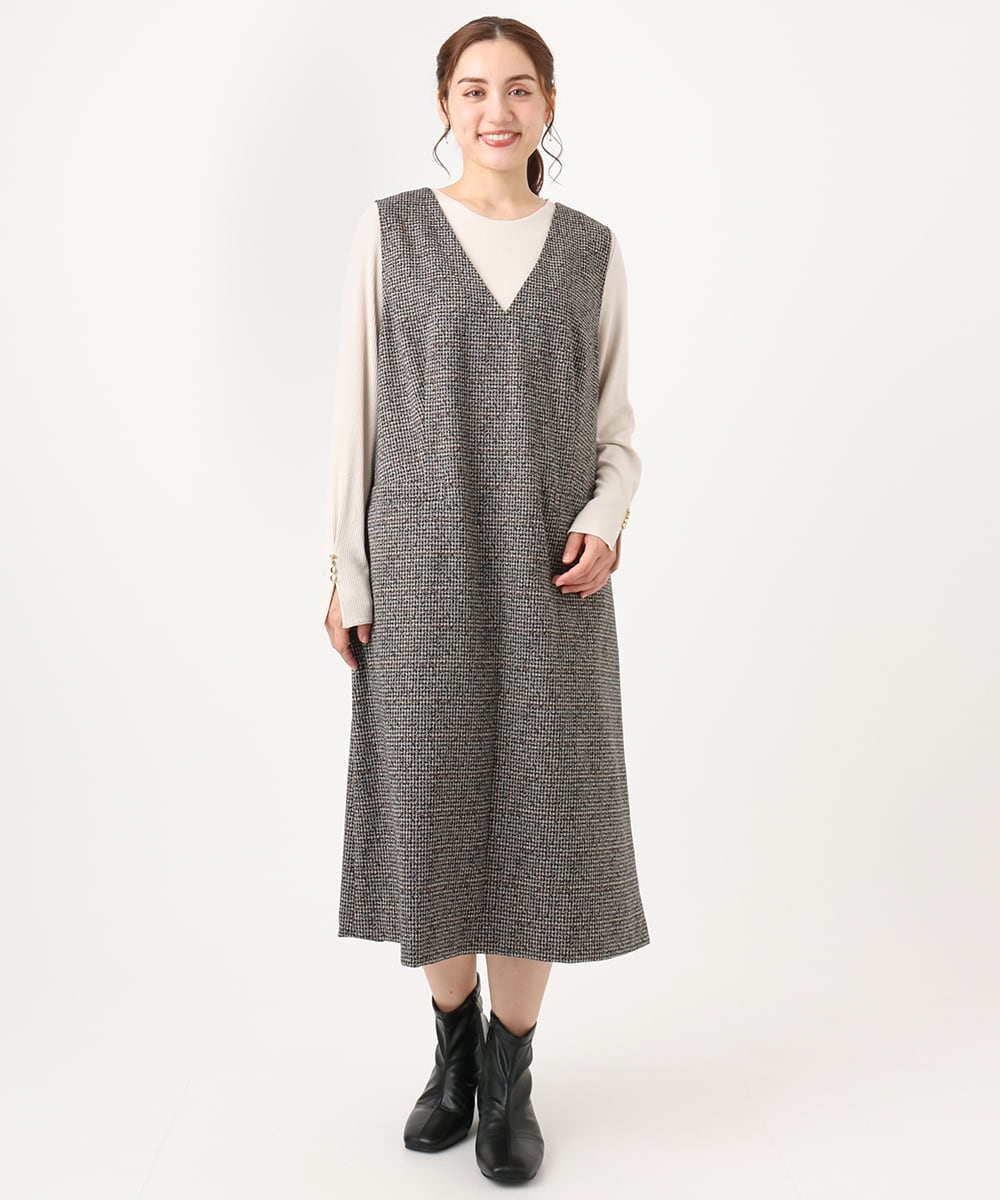 OLEAA10139 eur3(エウルキューブ) 【大きいサイズ】Vネックジャンパースカート ダークブラウン(87)