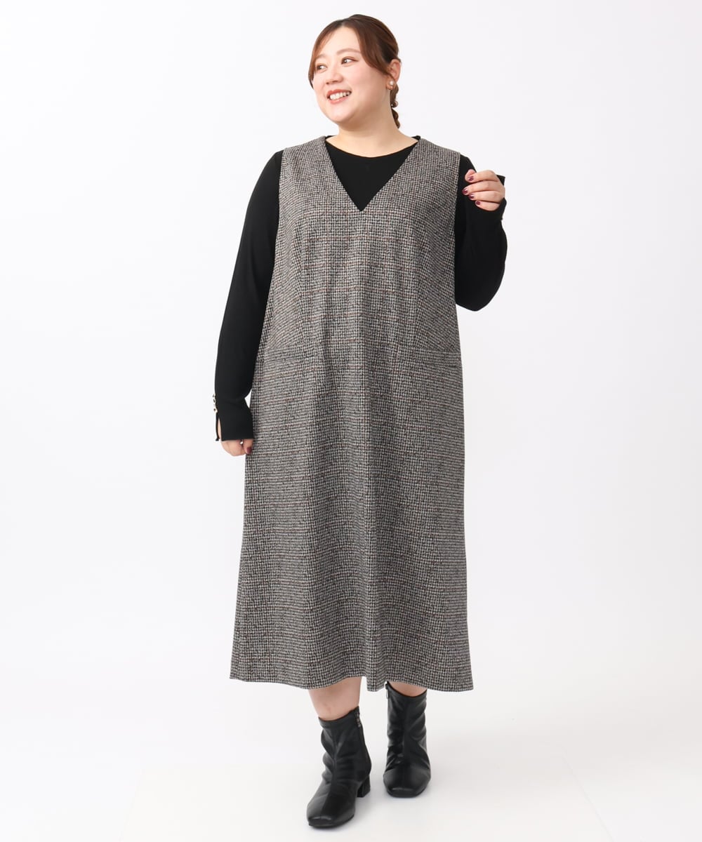 OLEAA10139 eur3(エウルキューブ) 【大きいサイズ】Vネックジャンパースカート ダークブラウン(87)