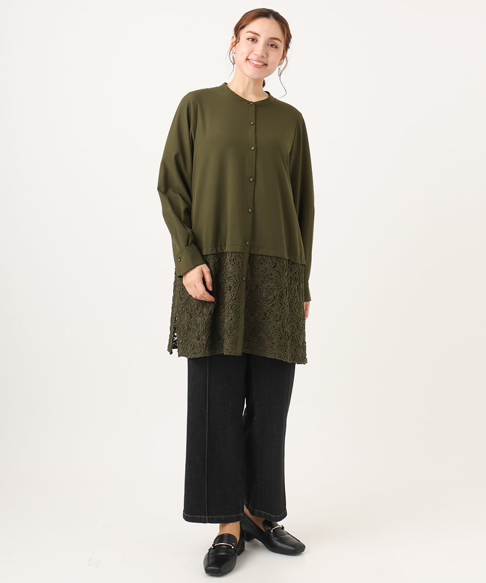 OLEAA13129 eur3(エウルキューブ) 【大きいサイズ】レースコンビシャツチュニック カーキ(36)