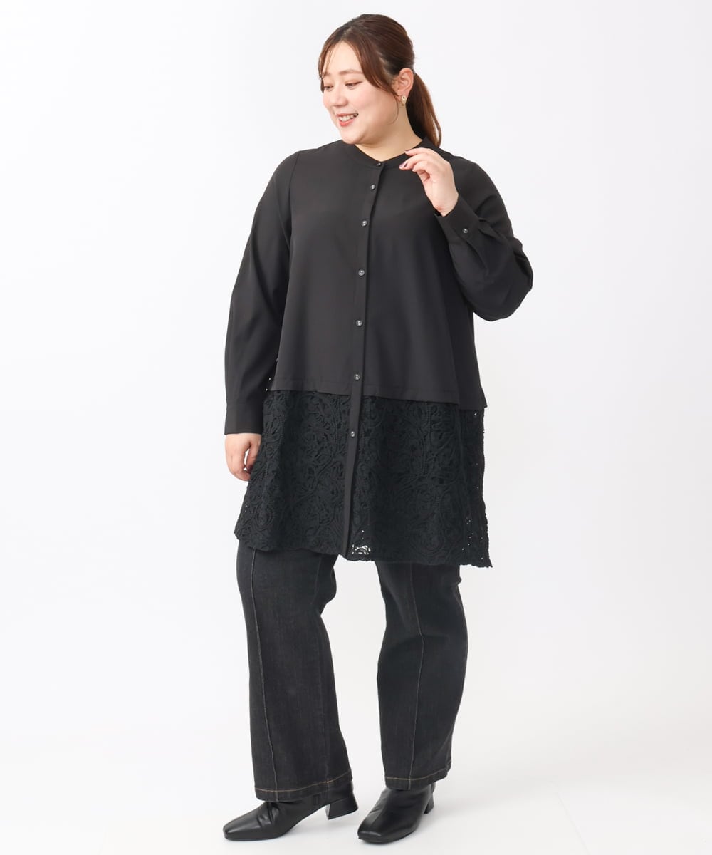 OLEAA13129 eur3(エウルキューブ) 【大きいサイズ】レースコンビシャツチュニック ブラック(94)