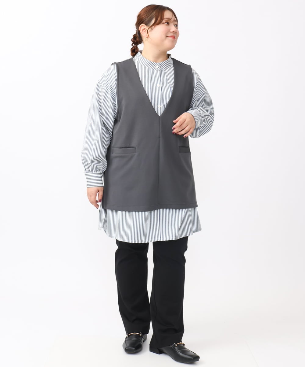 OLEAA28119 eur3(エウルキューブ) 【大きいサイズ/soso×eur3】ケープ風ストライプシャツ ネイビー(57)