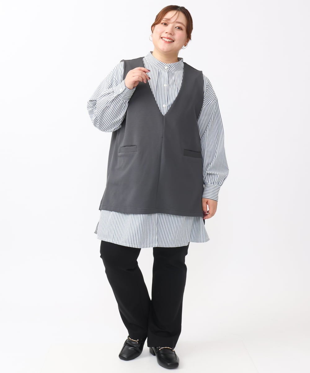 OLEAA28119 eur3(エウルキューブ) 【大きいサイズ/soso×eur3】ケープ風ストライプシャツ ネイビー(57)
