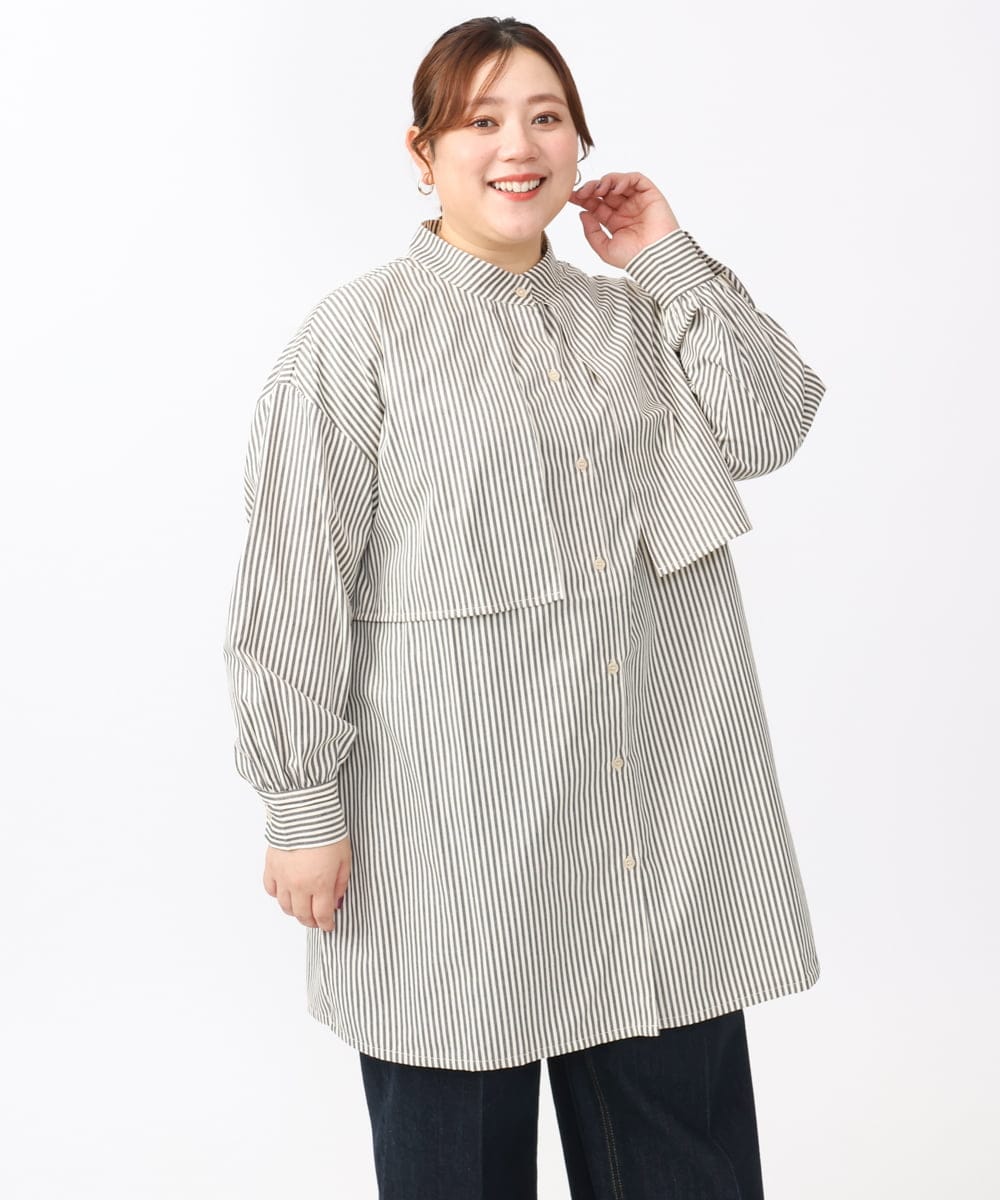 OLEAA28119 eur3(エウルキューブ) 【大きいサイズ/soso×eur3】ケープ風ストライプシャツ グレー(92)