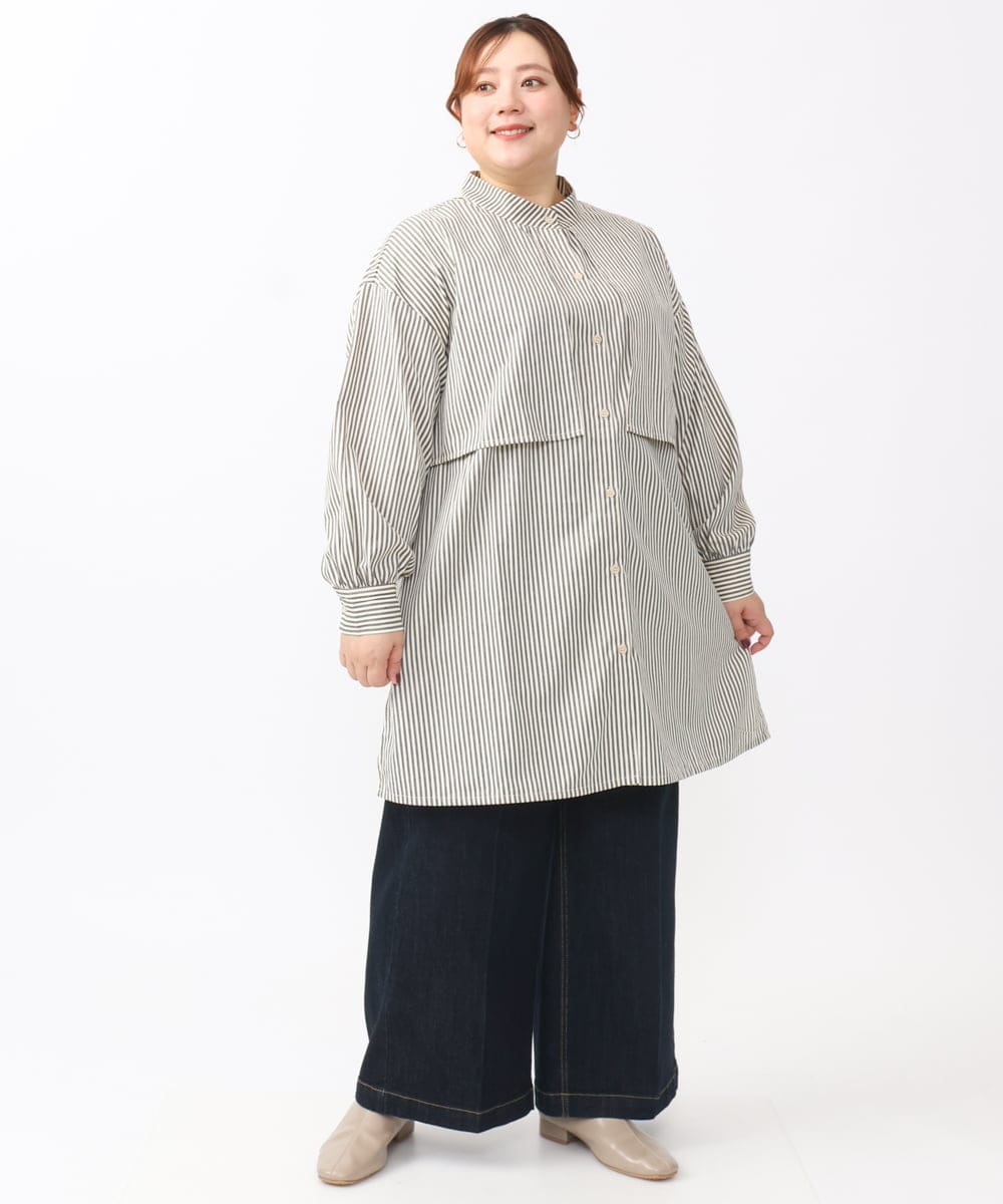 OLEAA28119 eur3(エウルキューブ) 【大きいサイズ/soso×eur3】ケープ風ストライプシャツ グレー(92)