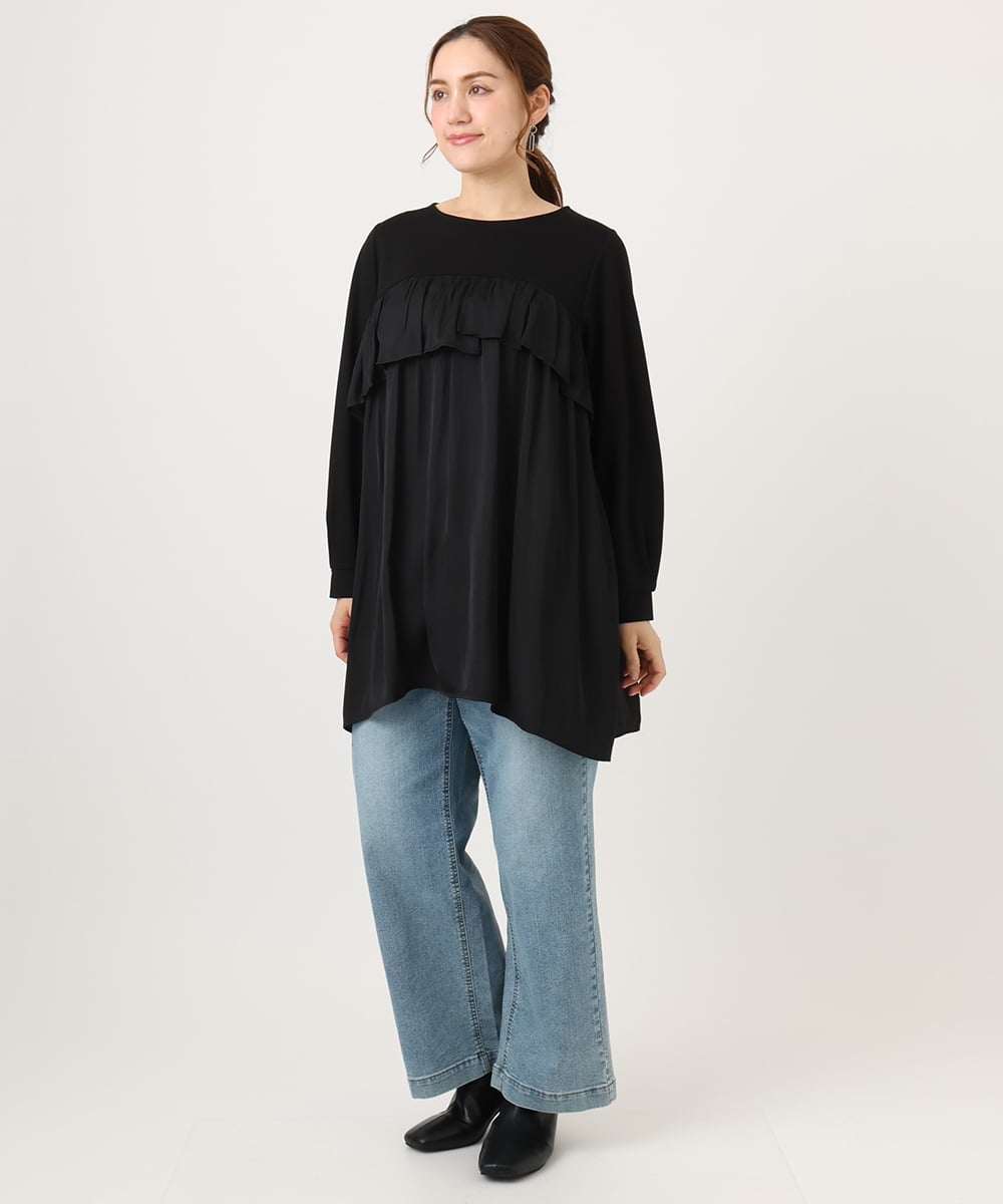 OLEAD13099 eur3(エウルキューブ) 【WEB先行販売】【大きいサイズ】サテンドッキングチュニック ブラック(94)