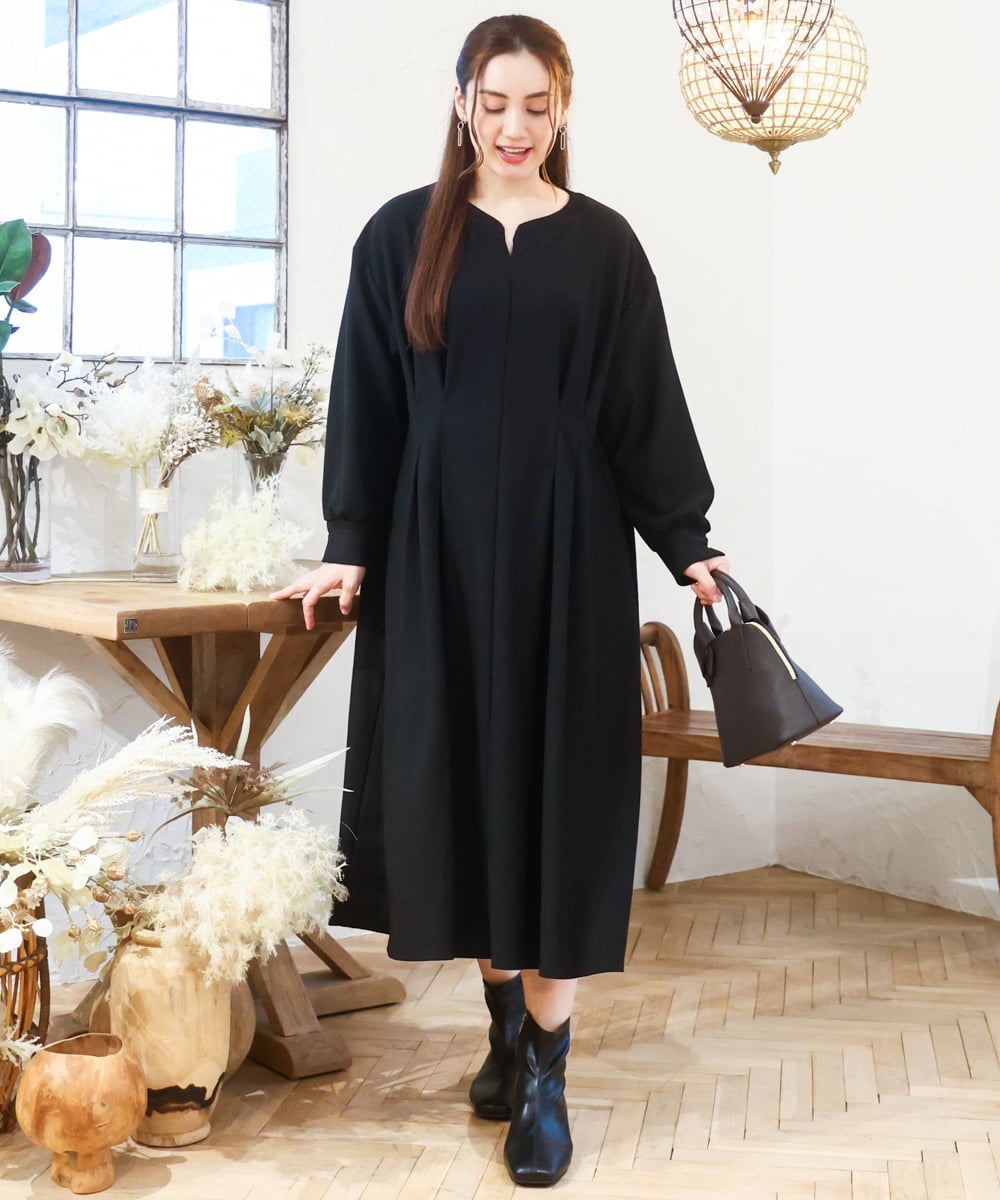 OLEAD21119 eur3(エウルキューブ) 【大きいサイズ/LAVEANGE×eur3】タックジャージーワンピース ブラック(94)