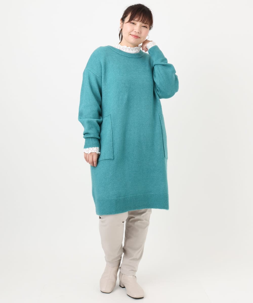 OLEAD22119 eur3(エウルキューブ) 【WEB先行販売】【大きいサイズ/LAVEANGE×eur3】アンゴラタッチニットチュニックワンピース グリーン(35)