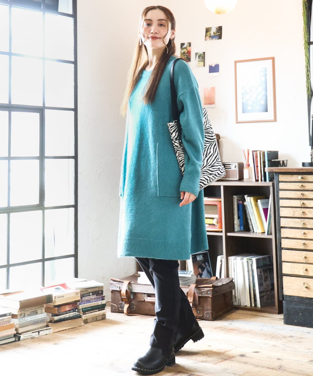 OLEAD22119 eur3(エウルキューブ) 【WEB先行販売】【大きいサイズ/LAVEANGE×eur3】アンゴラタッチニットチュニックワンピース グリーン(35)