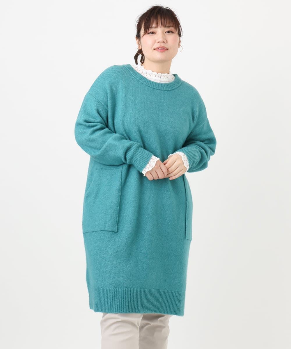 OLEAD22119 eur3(エウルキューブ) 【WEB先行販売】【大きいサイズ/LAVEANGE×eur3】アンゴラタッチニットチュニックワンピース グリーン(35)