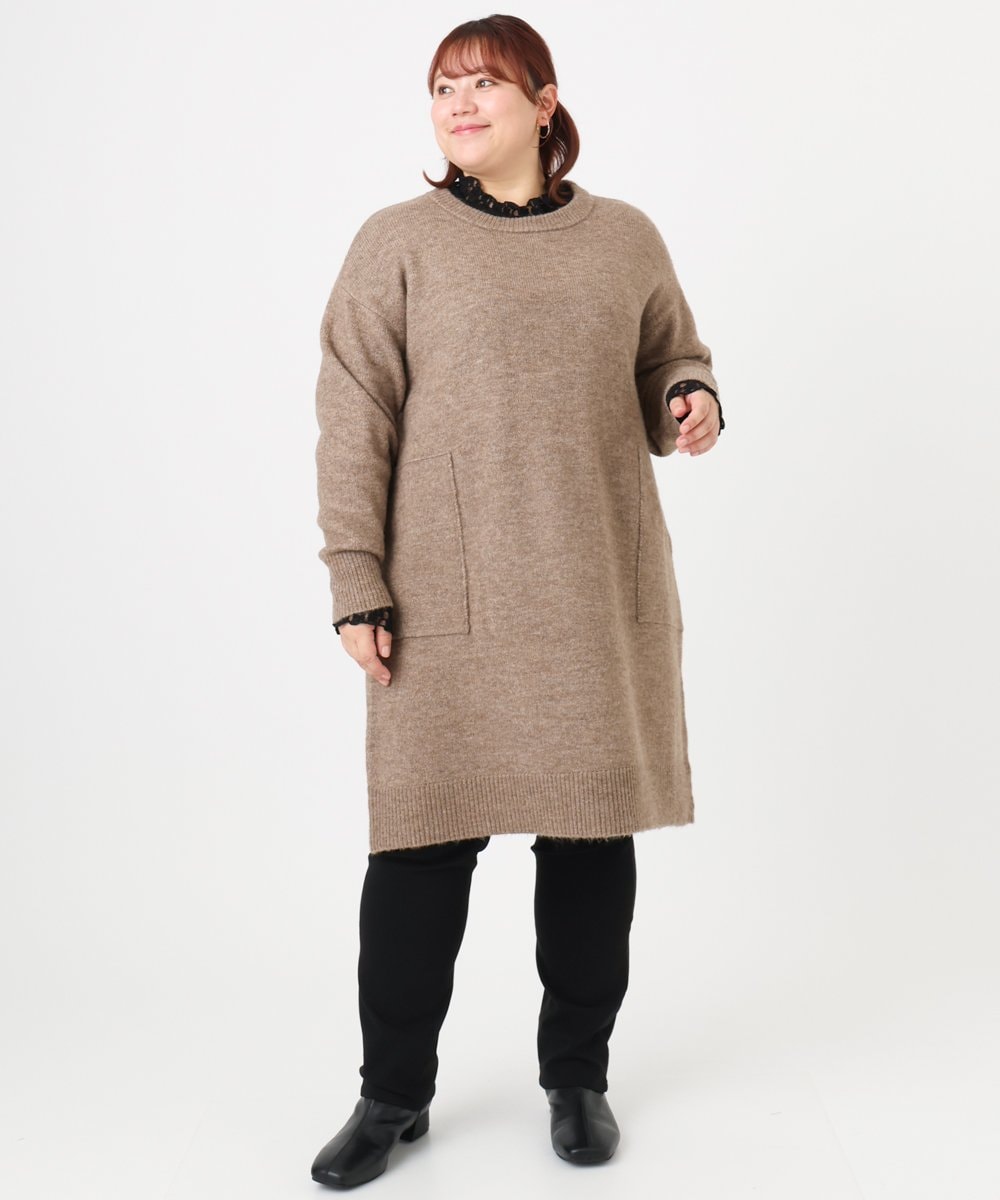 OLEAD22119 eur3(エウルキューブ) 【WEB先行販売】【大きいサイズ/LAVEANGE×eur3】アンゴラタッチニットチュニックワンピース モカ(84)