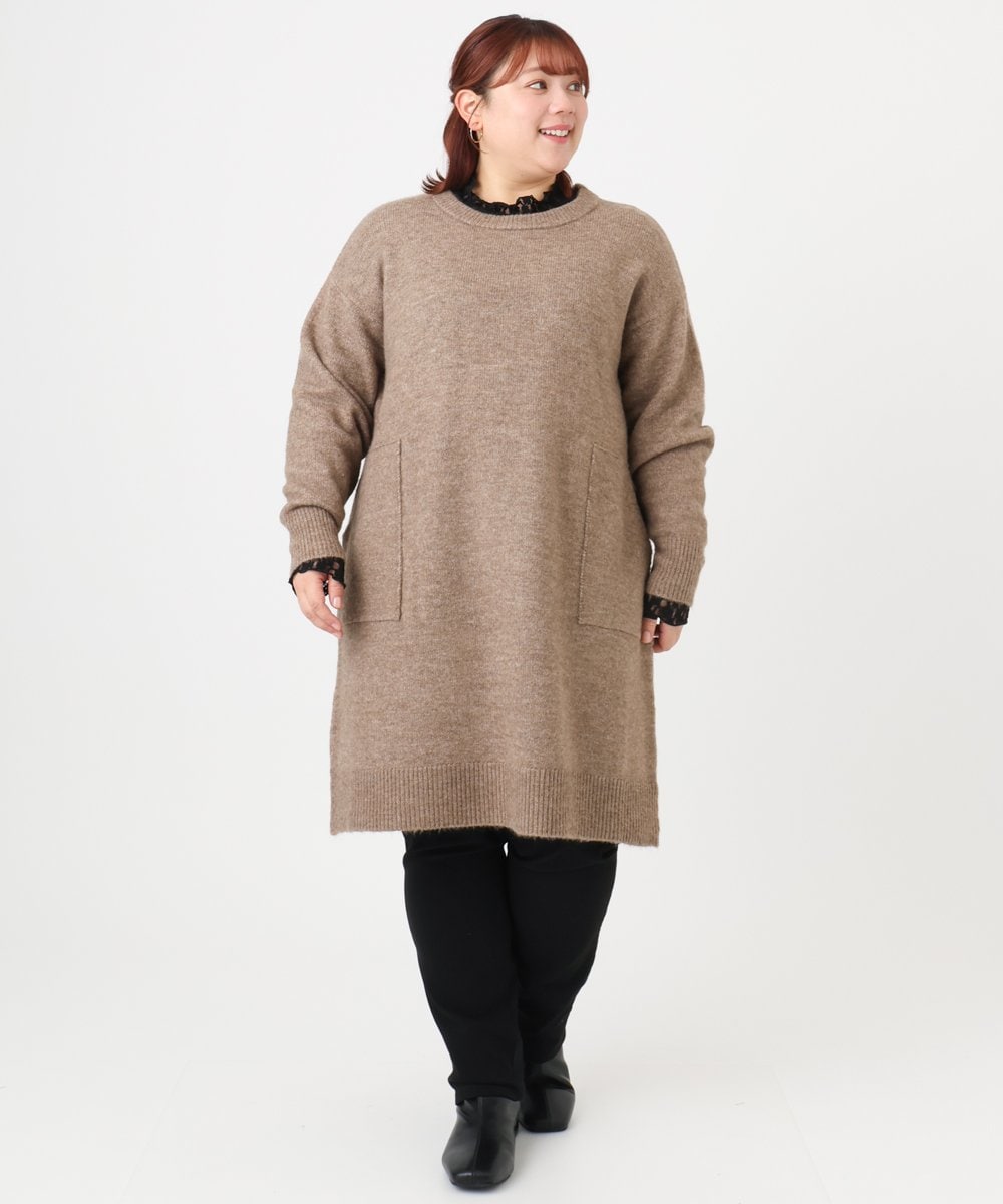 OLEAD22119 eur3(エウルキューブ) 【WEB先行販売】【大きいサイズ/LAVEANGE×eur3】アンゴラタッチニットチュニックワンピース モカ(84)