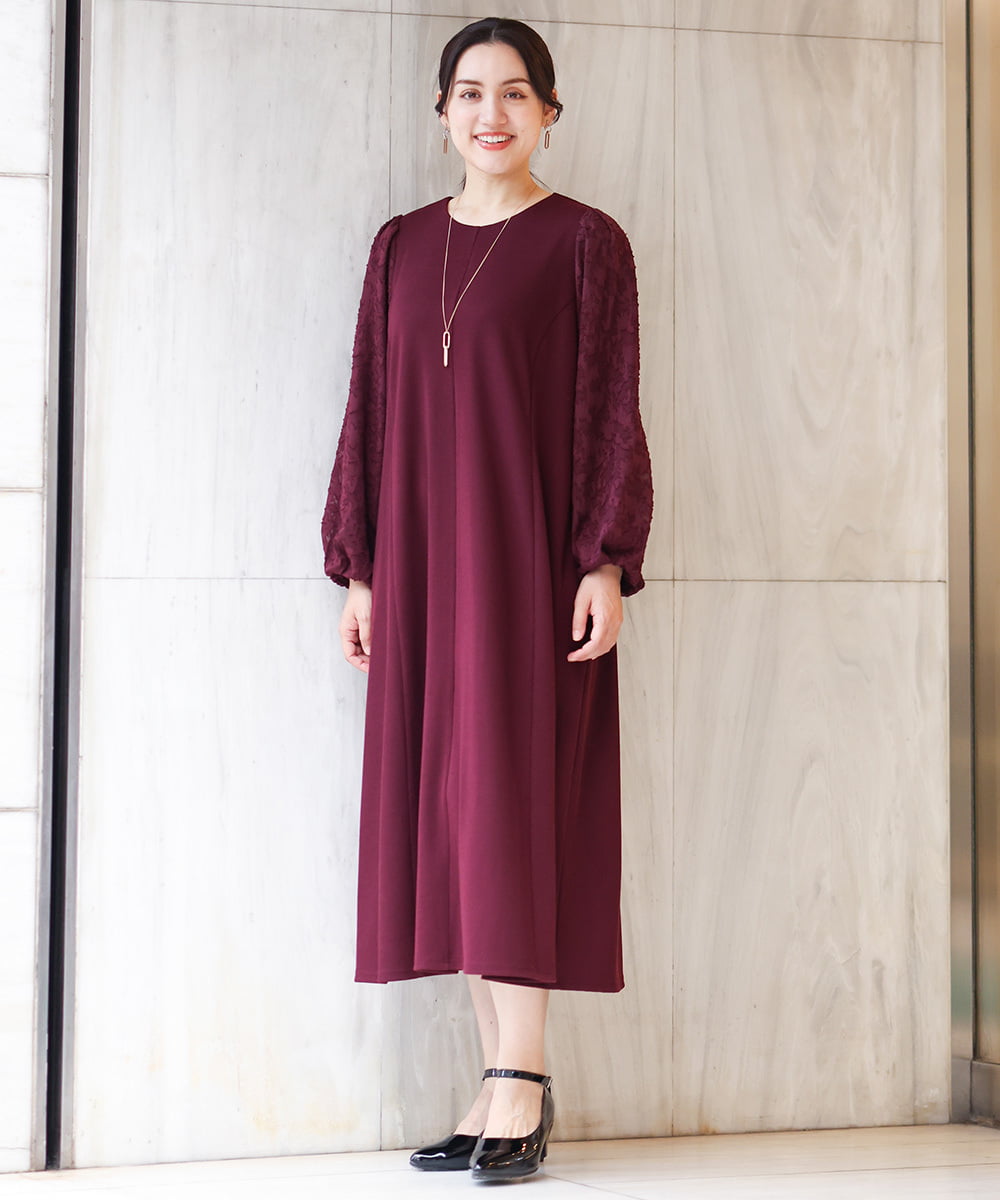 OLEAV11139 eur3(エウルキューブ) 【大きいサイズ】袖ジャガードデザインワンピース ワイン(77)