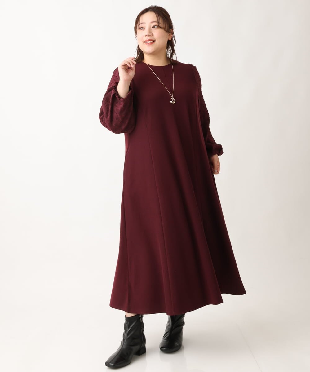 OLEAV11139 eur3(エウルキューブ) 【大きいサイズ】袖ジャガードデザインワンピース ワイン(77)
