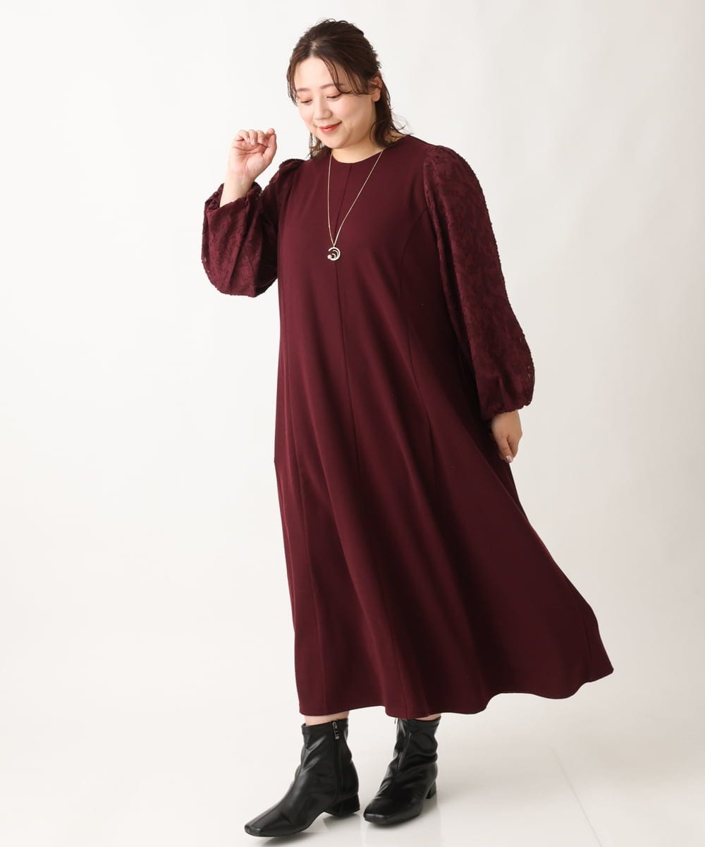 OLEAV11139 eur3(エウルキューブ) 【大きいサイズ】袖ジャガードデザインワンピース ワイン(77)