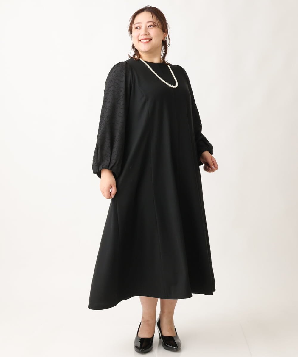 OLEAV11139 eur3(エウルキューブ) 【大きいサイズ】袖ジャガードデザインワンピース ブラック(94)