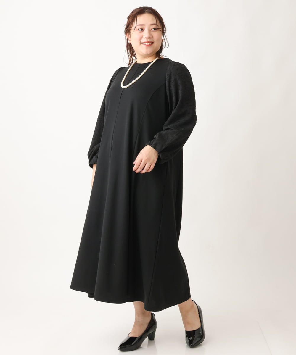 OLEAV11139 eur3(エウルキューブ) 【大きいサイズ】袖ジャガードデザインワンピース ブラック(94)