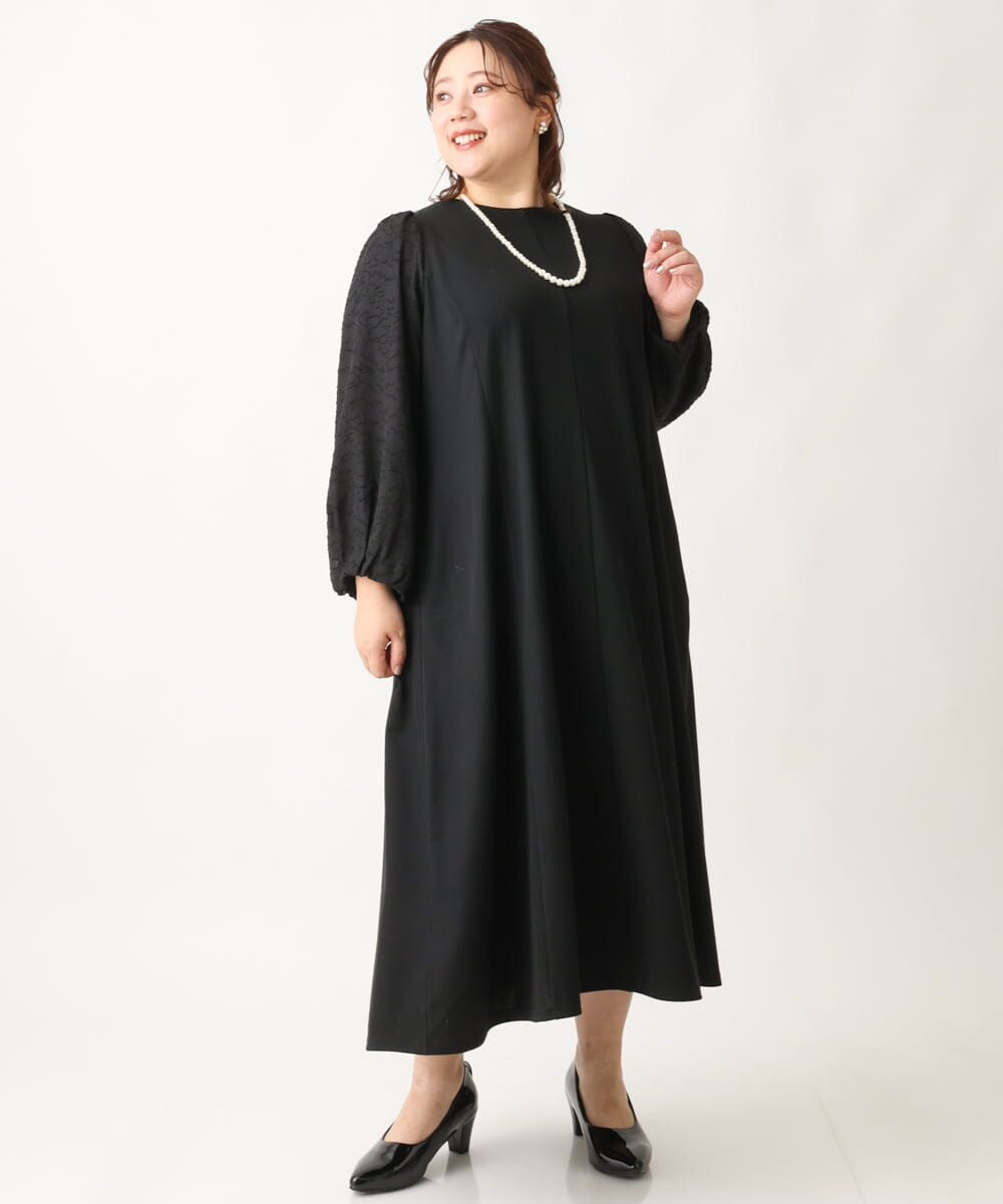OLEAV11139 eur3(エウルキューブ) 【大きいサイズ】袖ジャガードデザインワンピース ブラック(94)