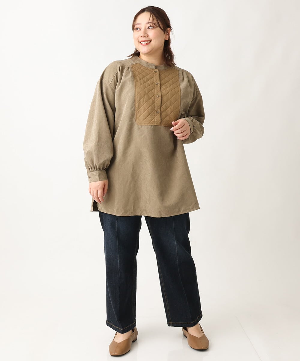 OLEAV25099 eur3(エウルキューブ) 【大きいサイズ/soso×eur3】キルト切り替えチュニックブラウス カーキ(36)