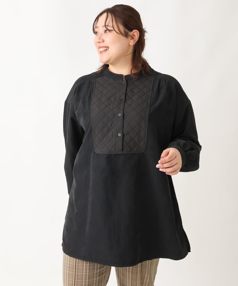 OLEAV25099 eur3(エウルキューブ) 【大きいサイズ/soso×eur3】キルト切り替えチュニックブラウス ブラック(94)