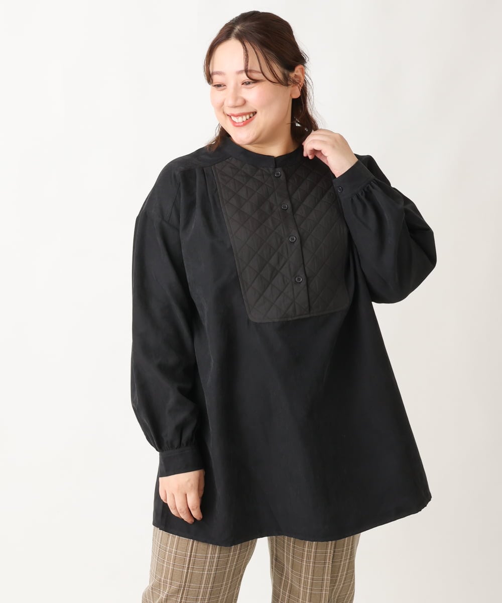 OLEAV25099 eur3(エウルキューブ) 【大きいサイズ/soso×eur3】キルト切り替えチュニックブラウス ブラック(94)