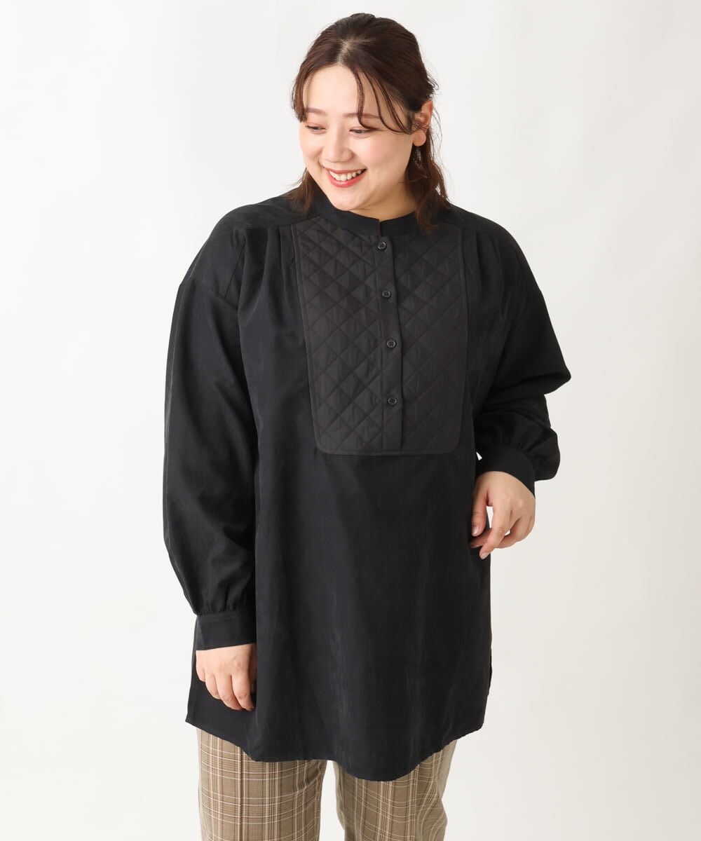 OLEAV25099 eur3(エウルキューブ) 【大きいサイズ/soso×eur3】キルト切り替えチュニックブラウス ブラック(94)