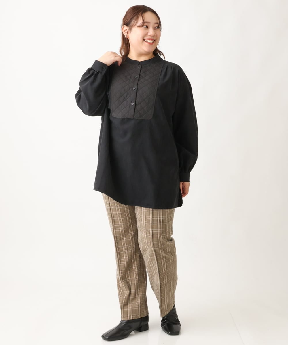 OLEAV25099 eur3(エウルキューブ) 【大きいサイズ/soso×eur3】キルト切り替えチュニックブラウス ブラック(94)