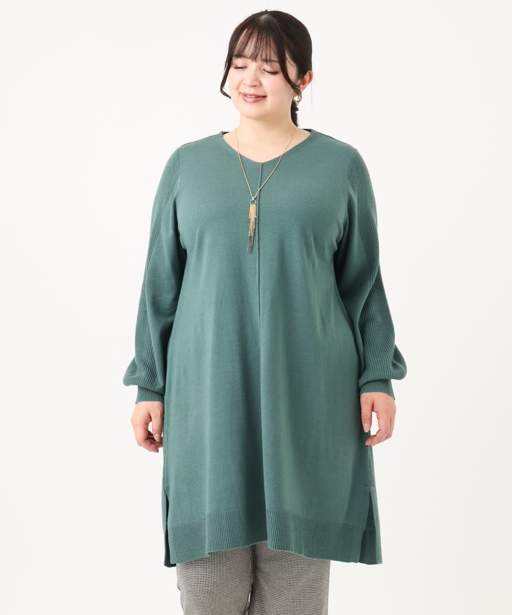 OLEBA27089 eur3(エウルキューブ) 【大きいサイズ/洗える】Vネックニットチュニック グリーン(35)