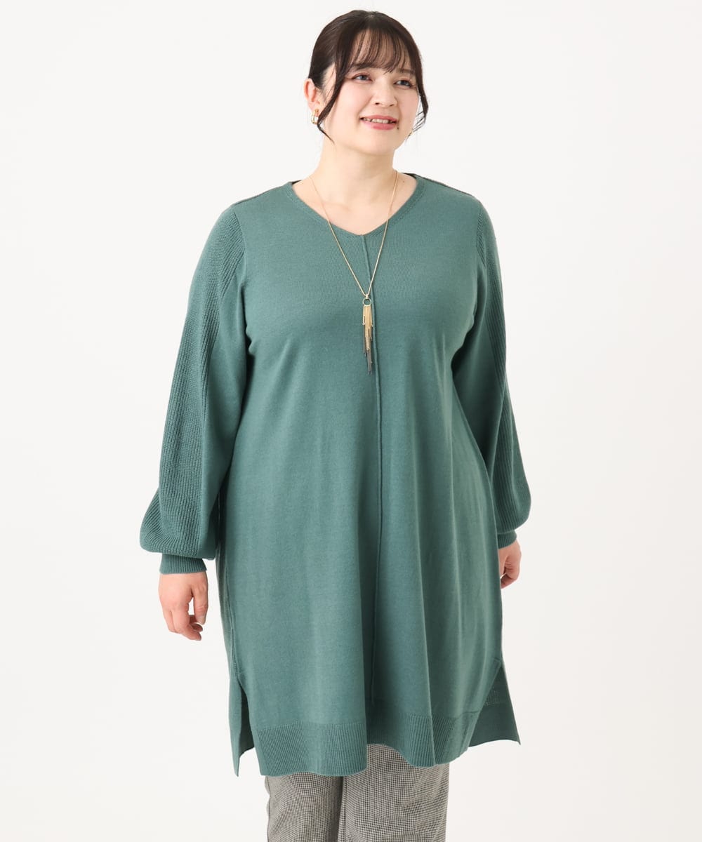 OLEBA27089 eur3(エウルキューブ) 【大きいサイズ/洗える】Vネックニットチュニック グリーン(35)