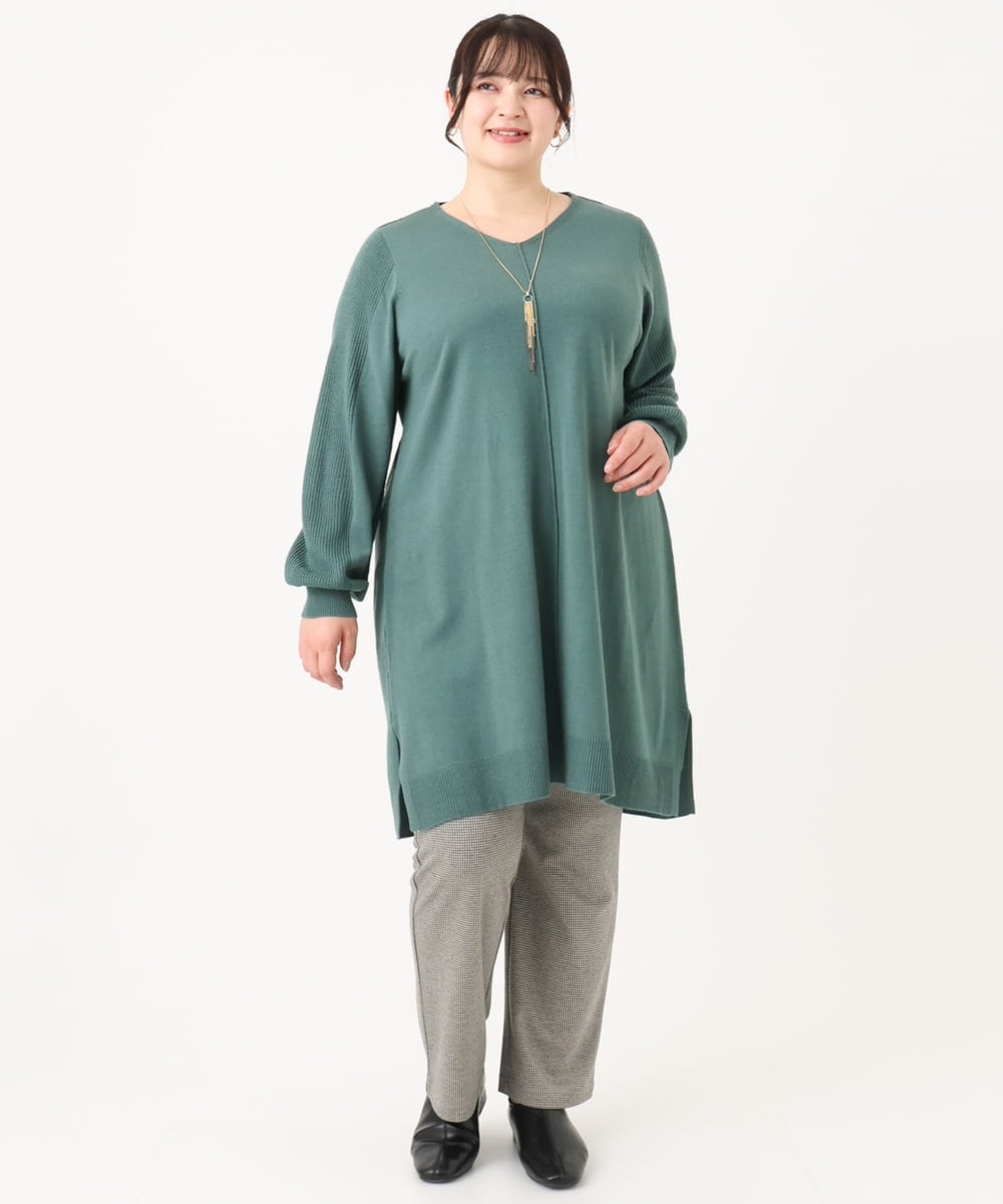 OLEBA27089 eur3(エウルキューブ) 【大きいサイズ/洗える】Vネックニットチュニック グリーン(35)