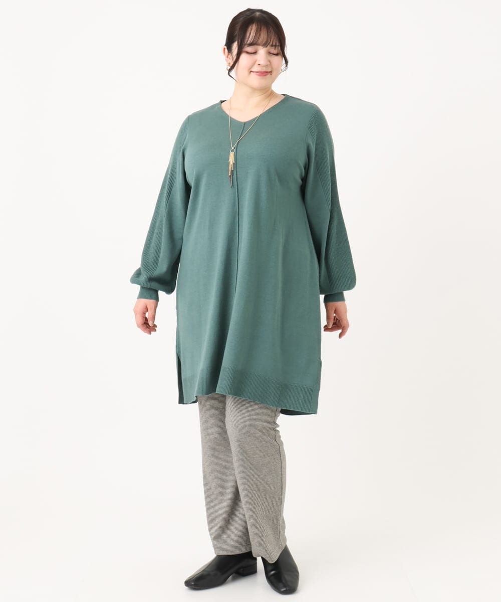 OLEBA27089 eur3(エウルキューブ) 【大きいサイズ/洗える】Vネックニットチュニック グリーン(35)