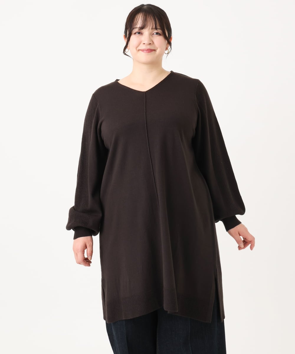 OLEBA27089 eur3(エウルキューブ) 【大きいサイズ/洗える】Vネックニットチュニック ダークグレー(93)