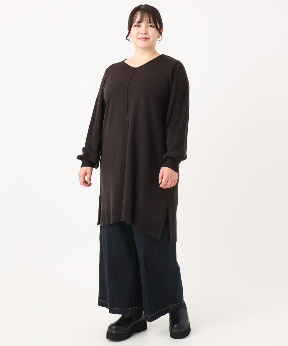 OLEBA27089 eur3(エウルキューブ) 【大きいサイズ/洗える】Vネックニットチュニック ダークグレー(93)