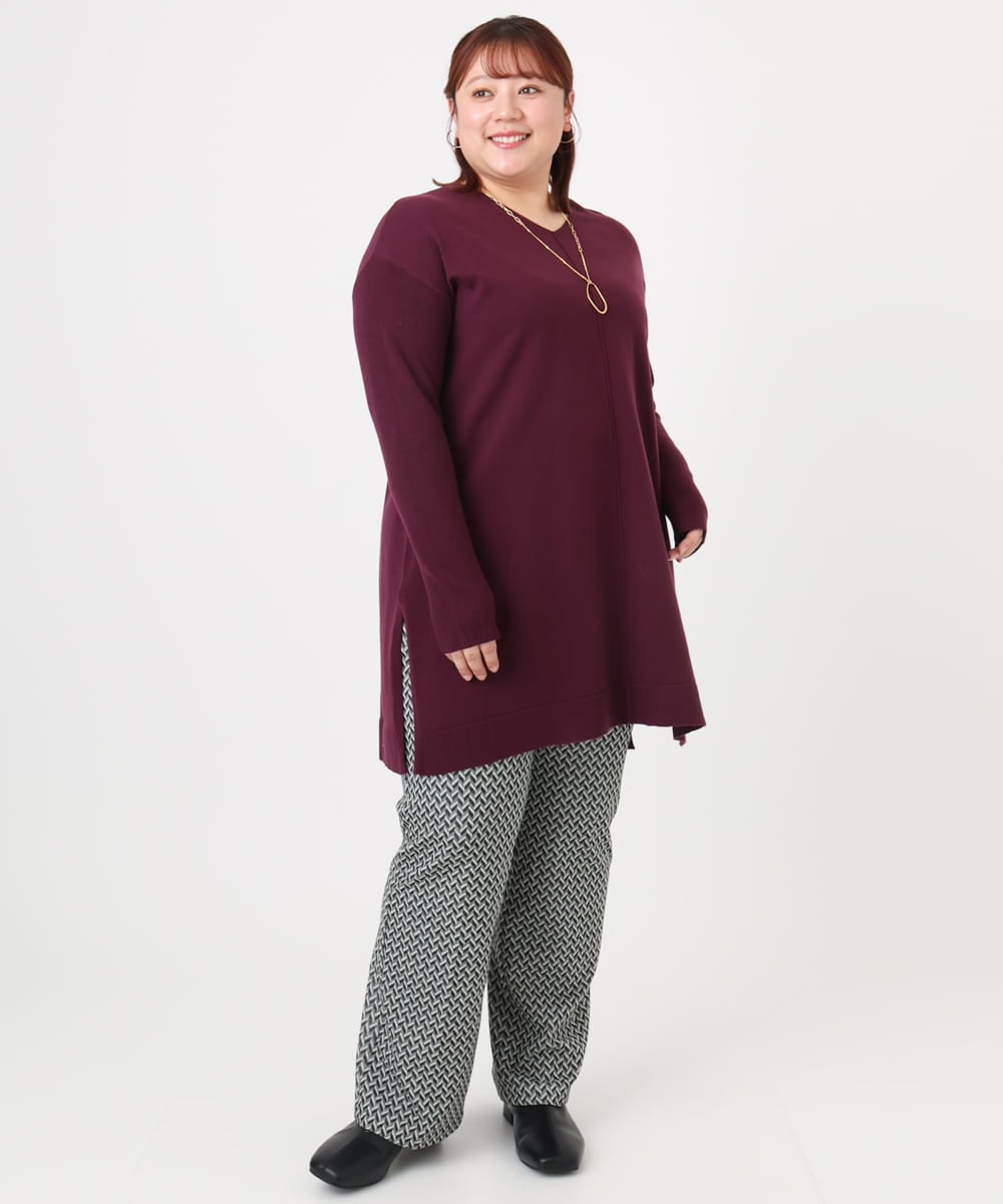 OLEBD17089 eur3(エウルキューブ) 【WEB先行販売】【大きいサイズ】Vネックニットチュニック ワイン(77)