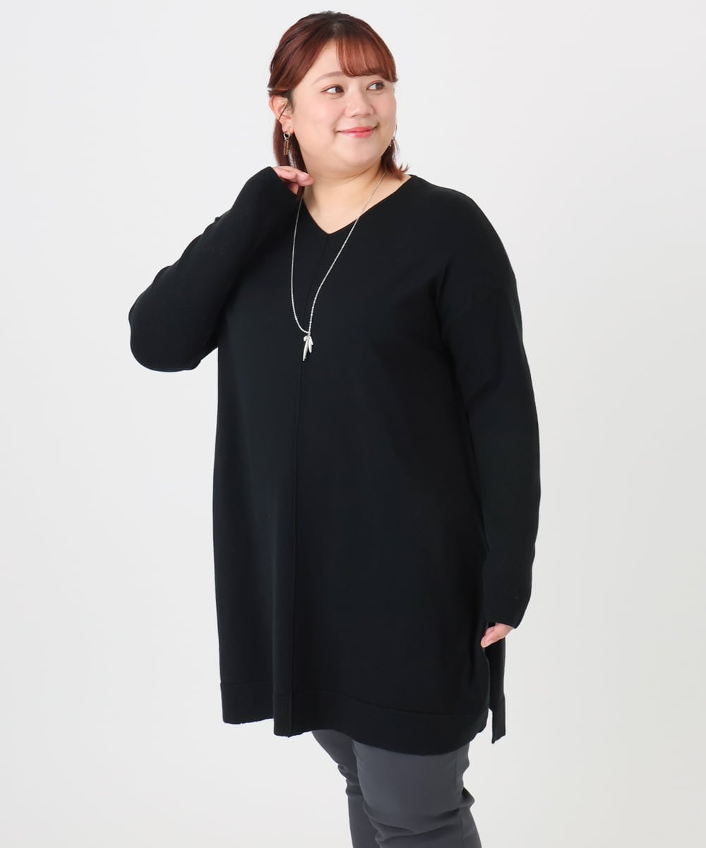 OLEBD17089 eur3(エウルキューブ) 【WEB先行販売】【大きいサイズ】Vネックニットチュニック ブラック(94)