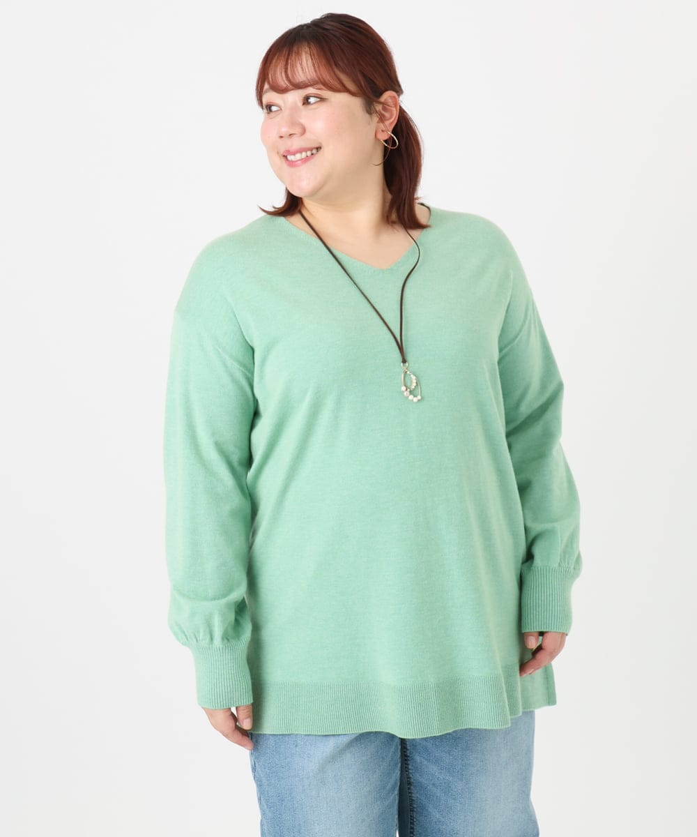OLEBD90099 eur3(エウルキューブ) 【大きいサイズ】Vネックニットチュニック ライトグリーン(30)
