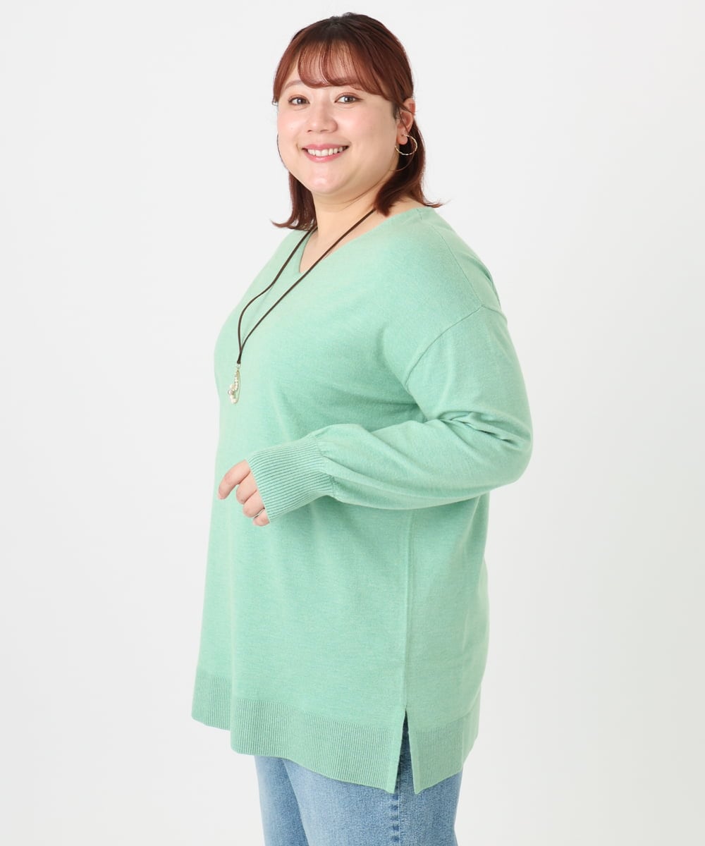 OLEBD90099 eur3(エウルキューブ) 【大きいサイズ】Vネックニットチュニック ライトグリーン(30)