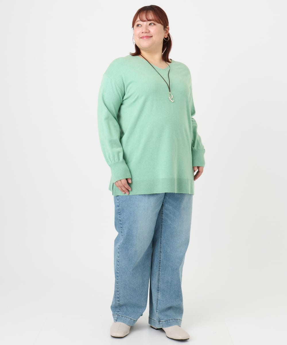 OLEBD90099 eur3(エウルキューブ) 【大きいサイズ】Vネックニットチュニック ライトグリーン(30)