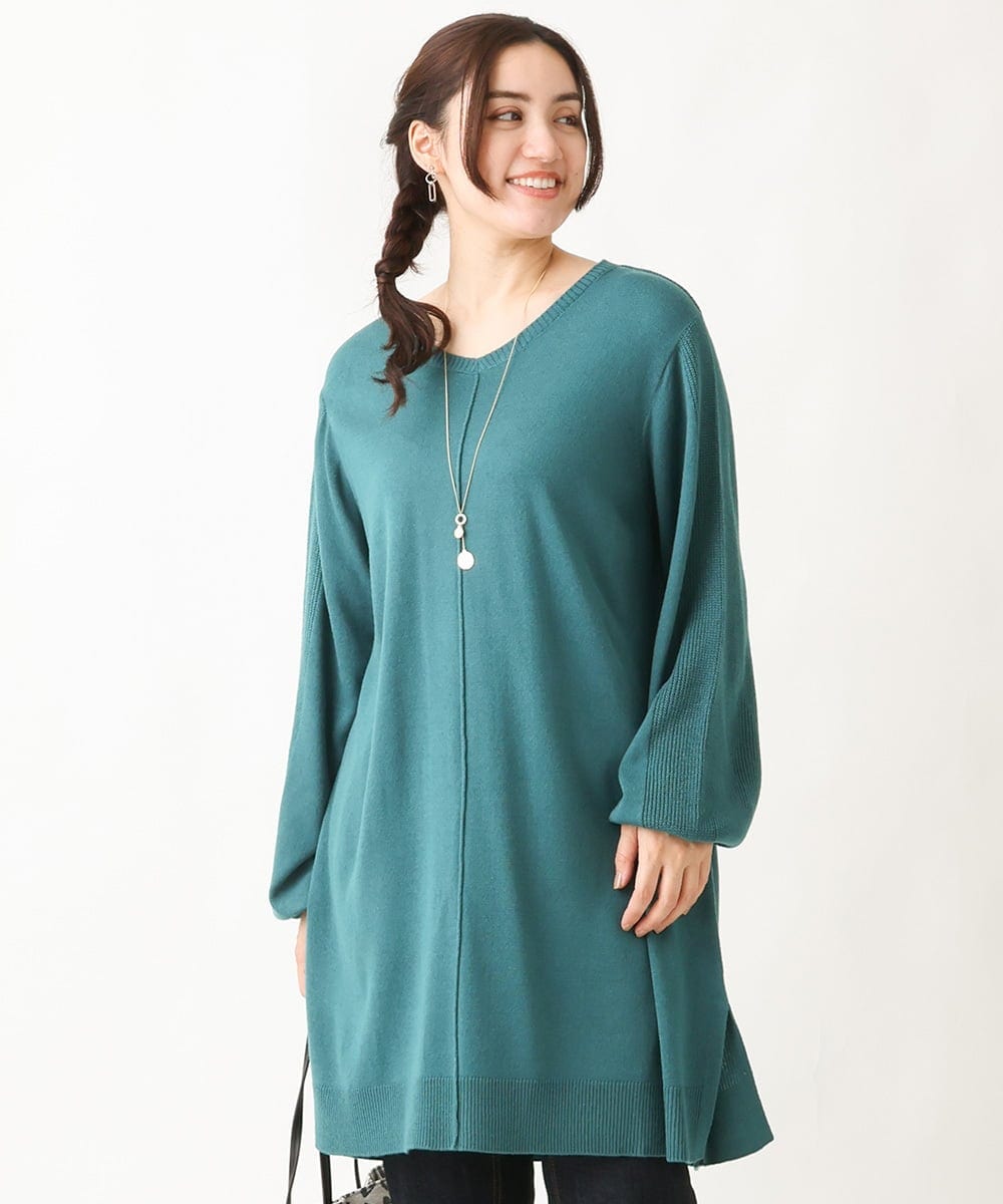 OLEBV24089 eur3(エウルキューブ) 【大きいサイズ】洗えるVネックニットチュニック グリーン(35)