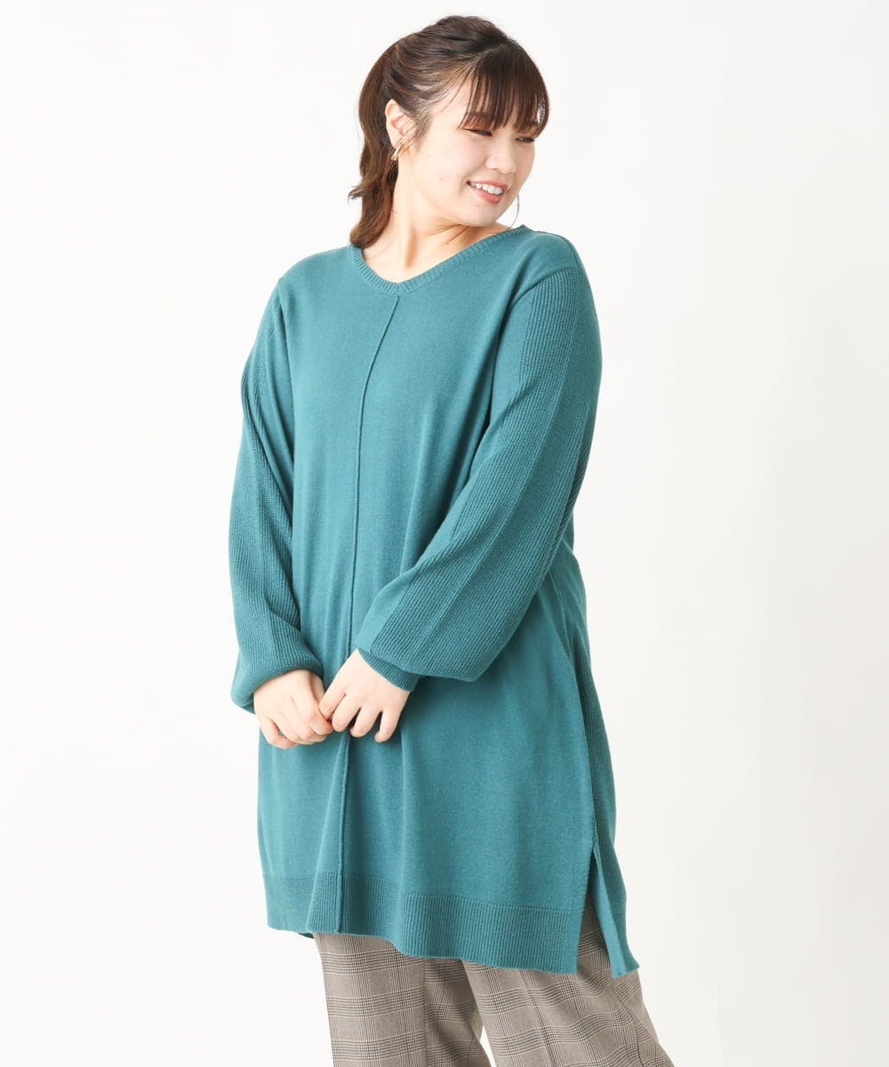 OLEBV24089 eur3(エウルキューブ) 【大きいサイズ】洗えるVネックニットチュニック グリーン(35)