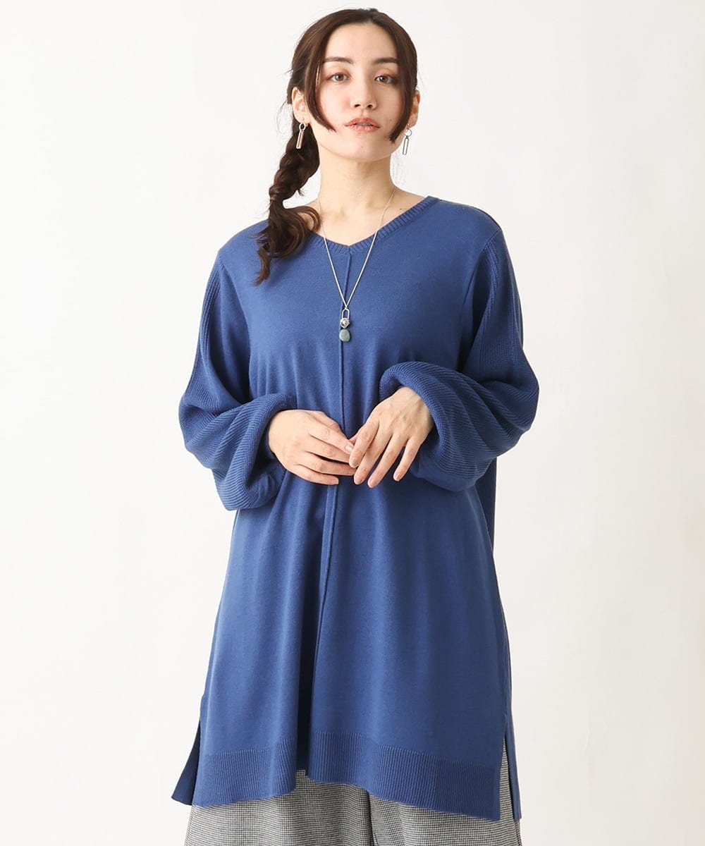 OLEBV24089 eur3(エウルキューブ) 【大きいサイズ】洗えるVネックニットチュニック ブルー(55)