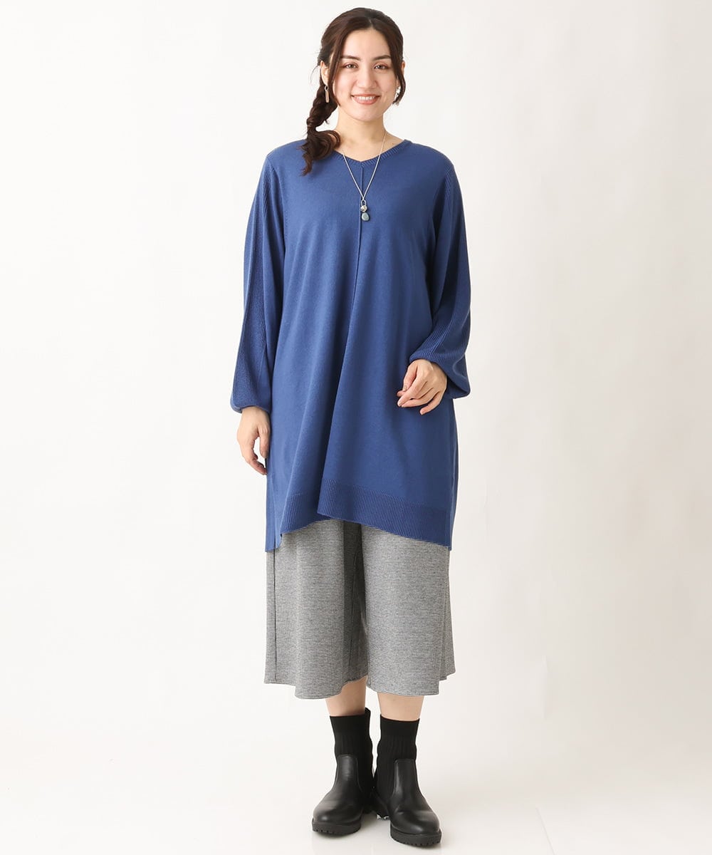 OLEBV24089 eur3(エウルキューブ) 【大きいサイズ】洗えるVネックニットチュニック ブルー(55)