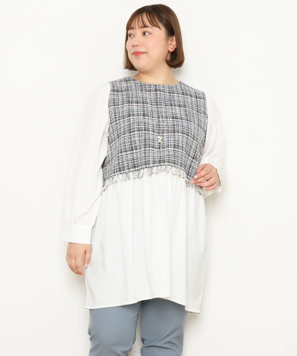 OLECS02090 eur3(エウルキューブ) 【大きいサイズ】ツイードコンビチュニック ネイビー(57)