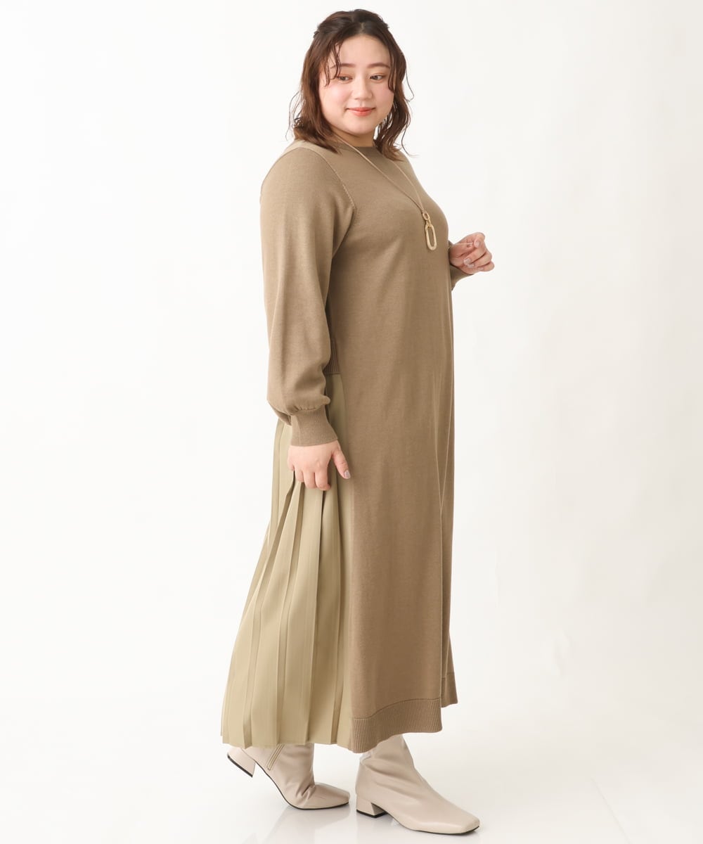 OLECV13129 eur3(エウルキューブ) 【大きいサイズ】前後2WAYニットコンビプリーツワンピース カーキ(36)