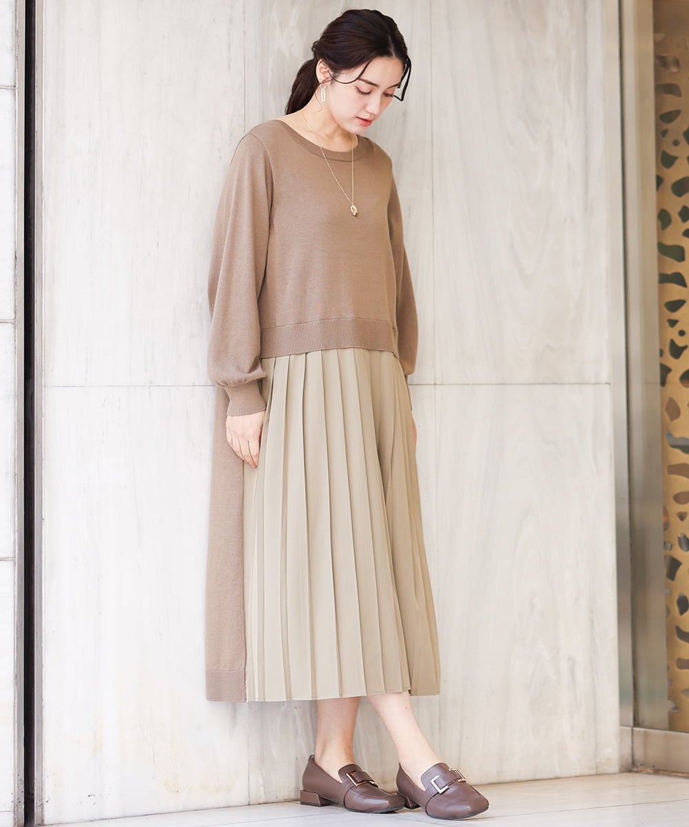 OLECV13129 eur3(エウルキューブ) 【大きいサイズ】前後2WAYニットコンビプリーツワンピース カーキ(36)
